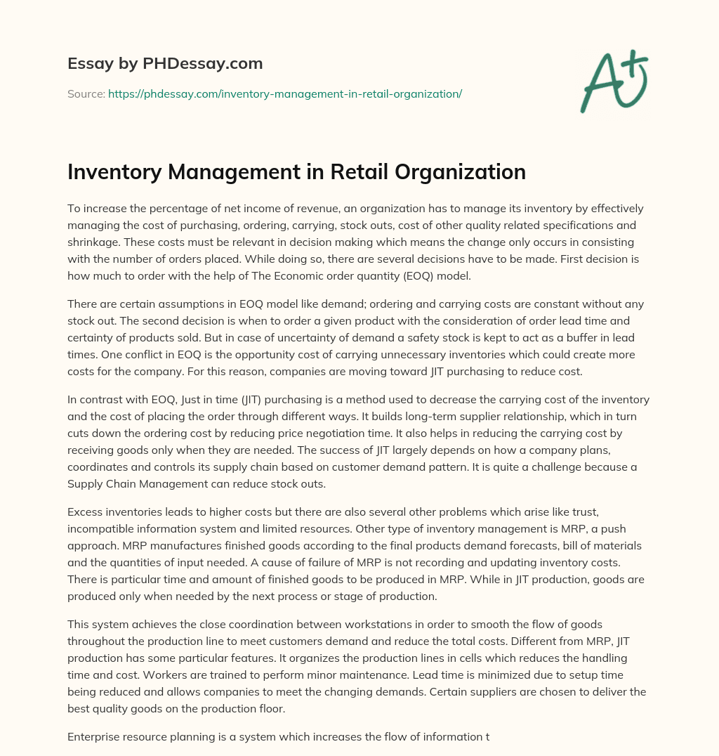Inventory Management in Retail Organization essay
