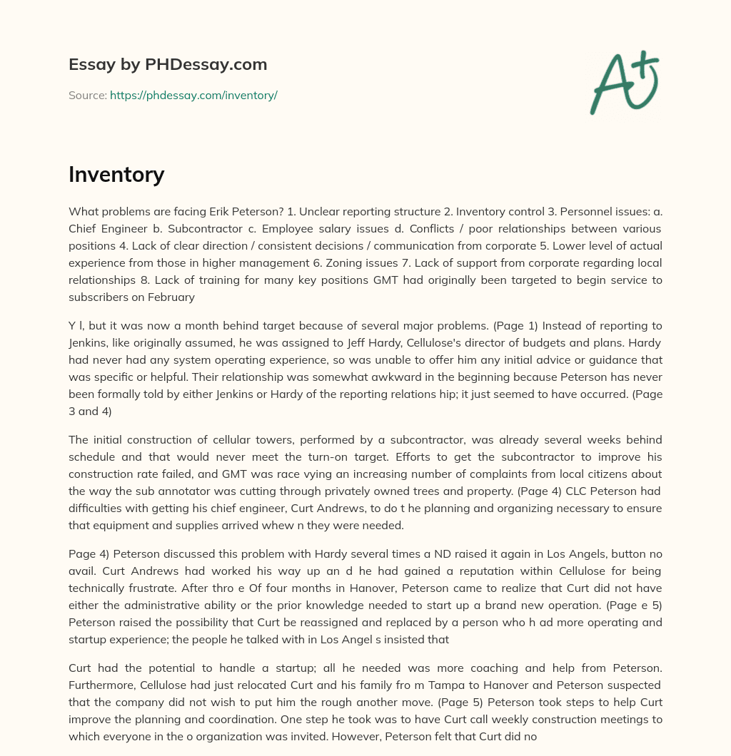 Erik Peterson’s Problems: Reporting, Inventory, Personnel, Direction, Experience, Zoning, Support, Training essay
