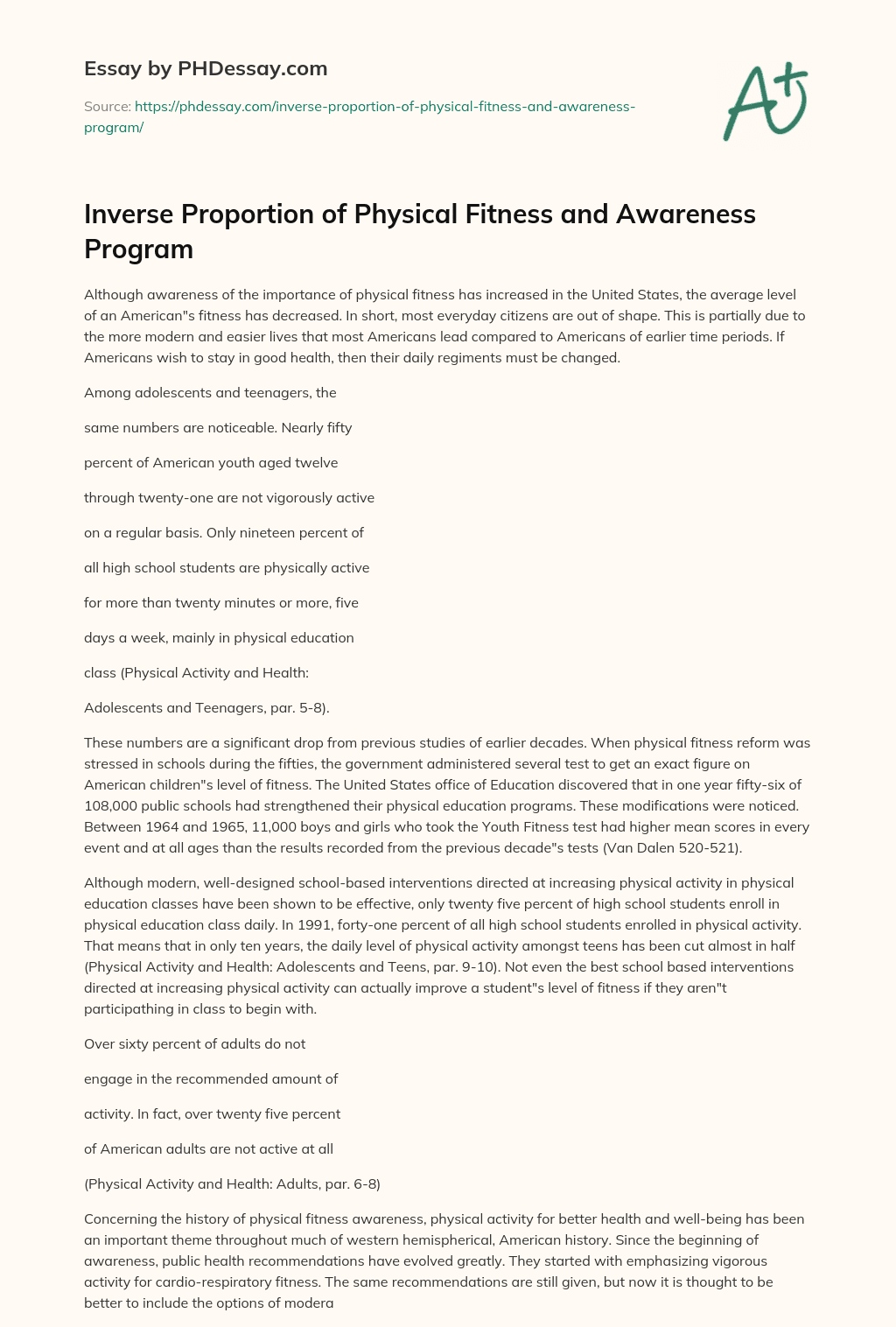 Inverse Proportion of Physical Fitness and Awareness Program essay