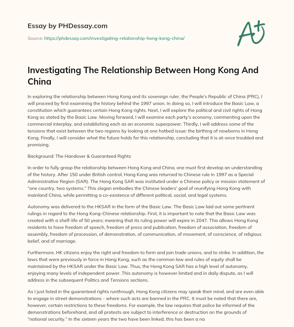 Investigating The Relationship Between Hong Kong And China essay