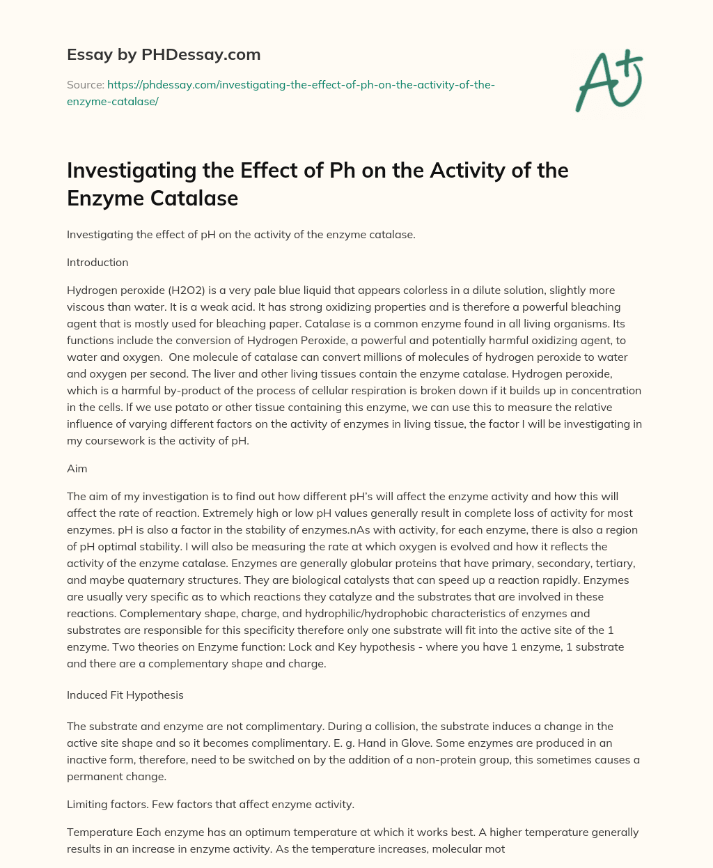 Investigating the Effect of Ph on the Activity of the Enzyme Catalase essay