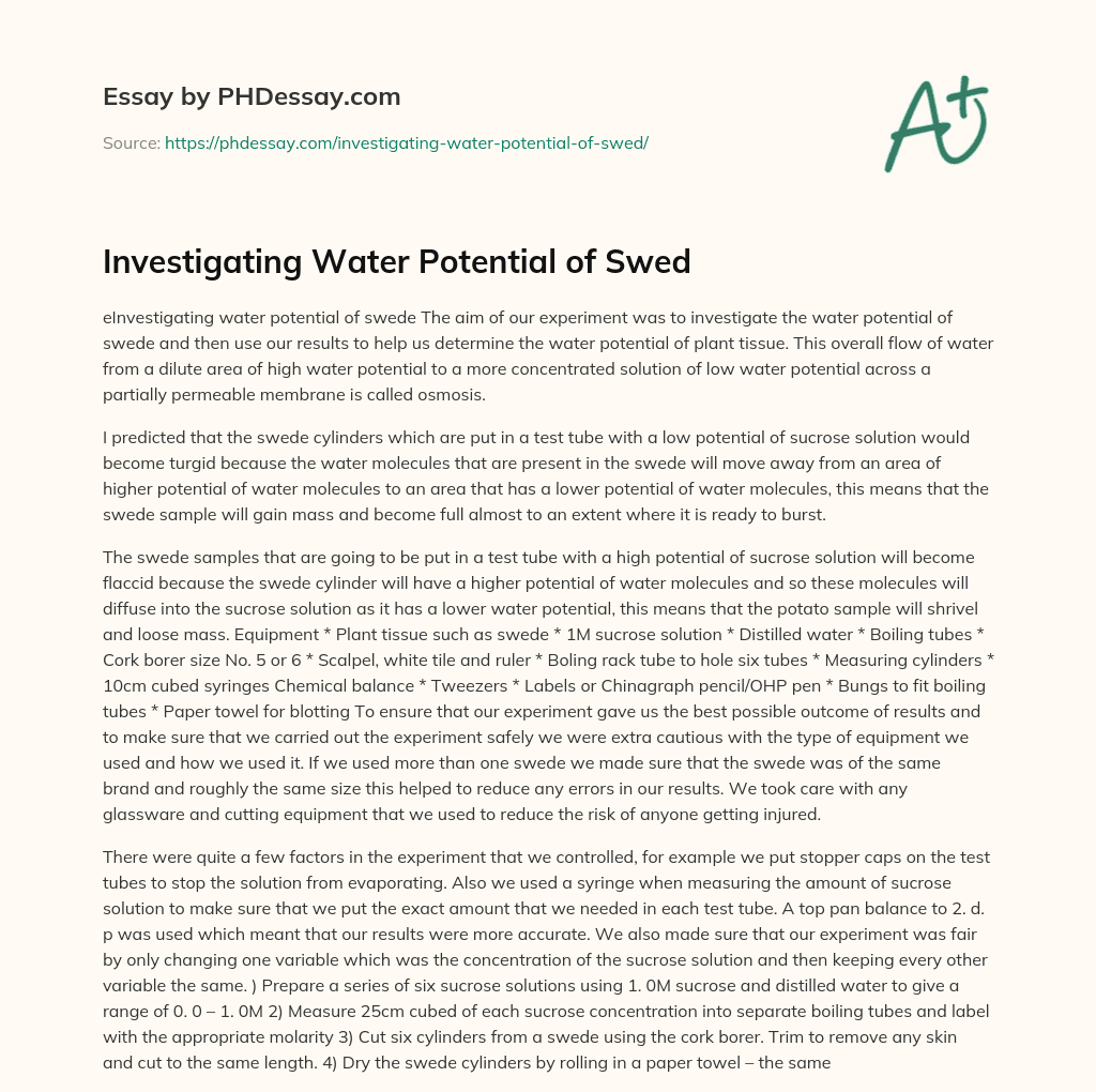Investigating Water Potential of Swed essay