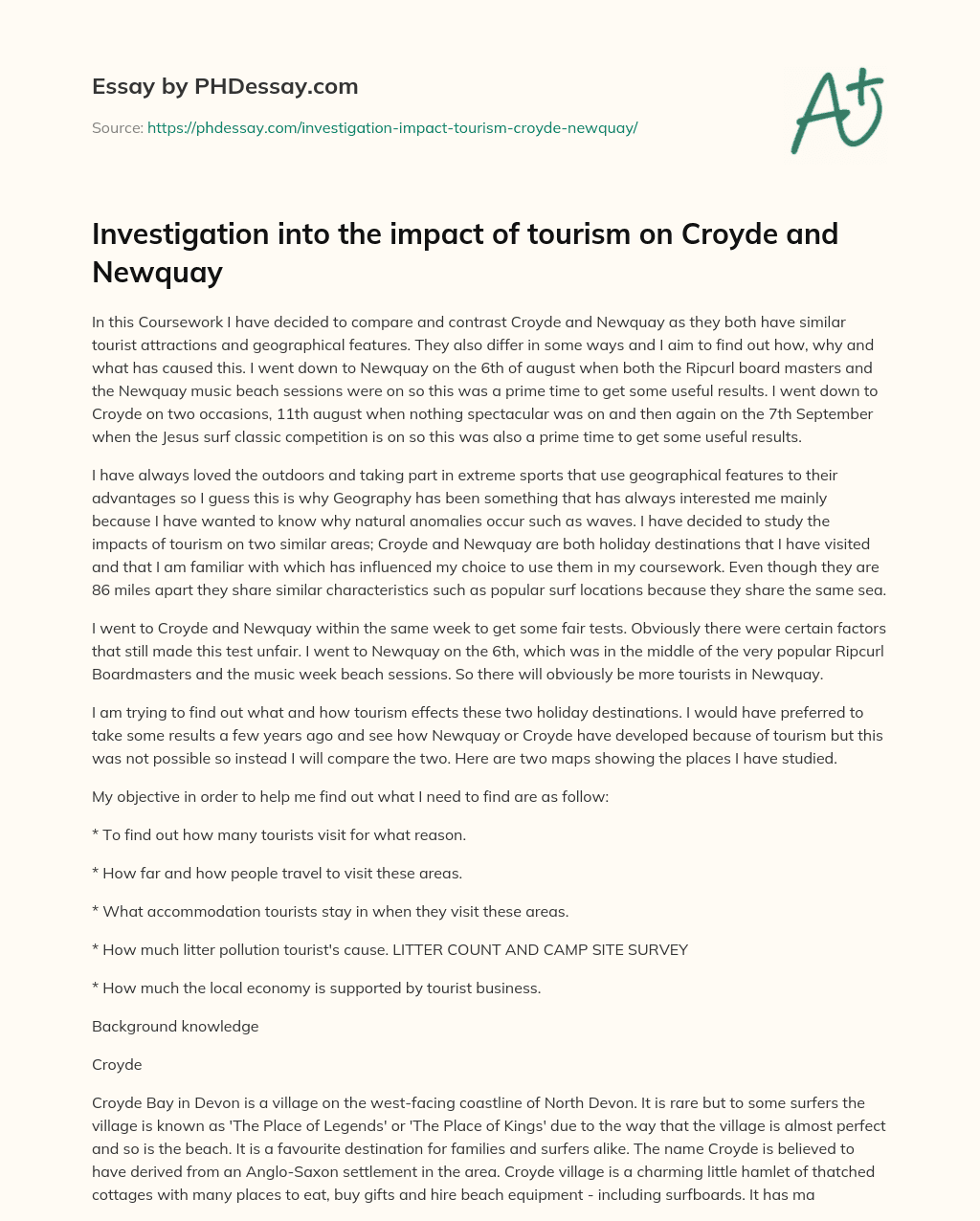 Investigation into the impact of tourism on Croyde and Newquay essay