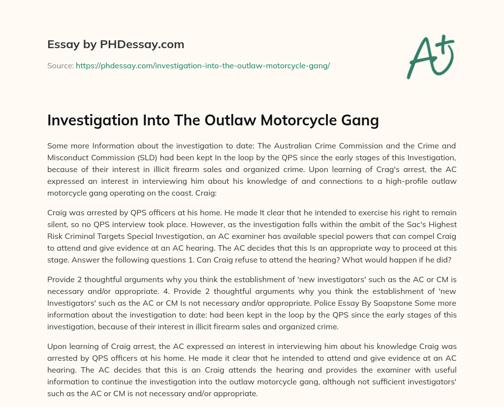 Investigation Into The Outlaw Motorcycle Gang essay