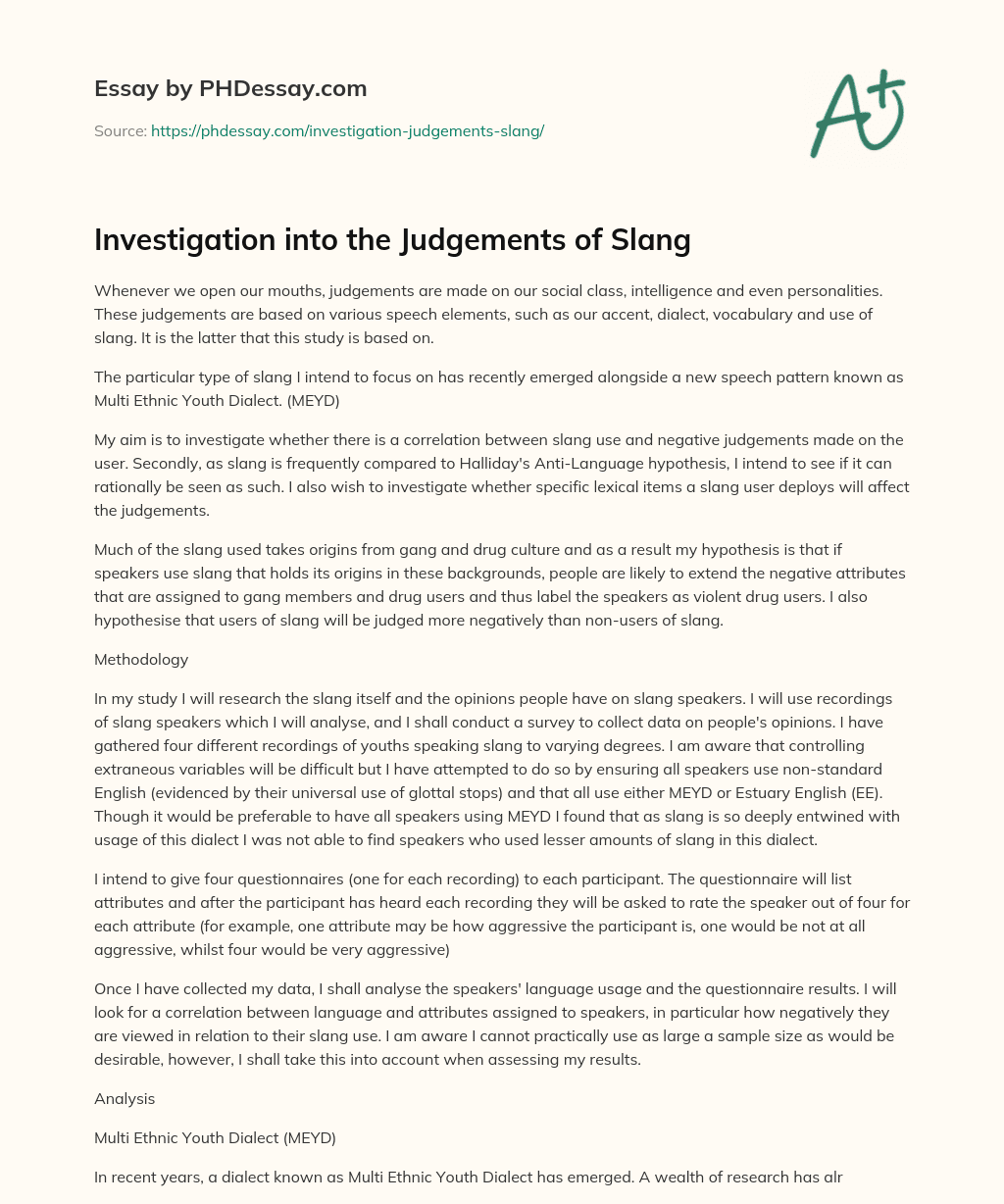 Investigation into the Judgements of Slang essay