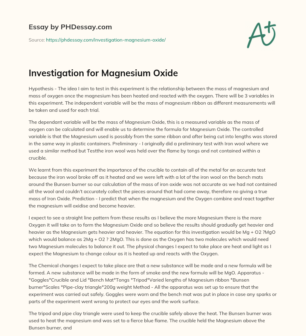 Investigation for Magnesium Oxide essay