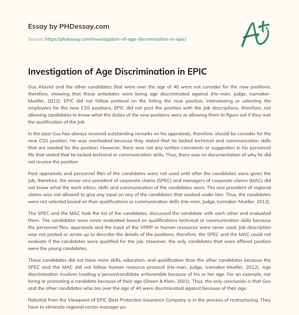 Investigation of Age Discrimination in EPIC essay