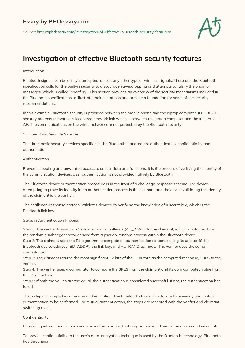 Investigation of effective Bluetooth security features essay
