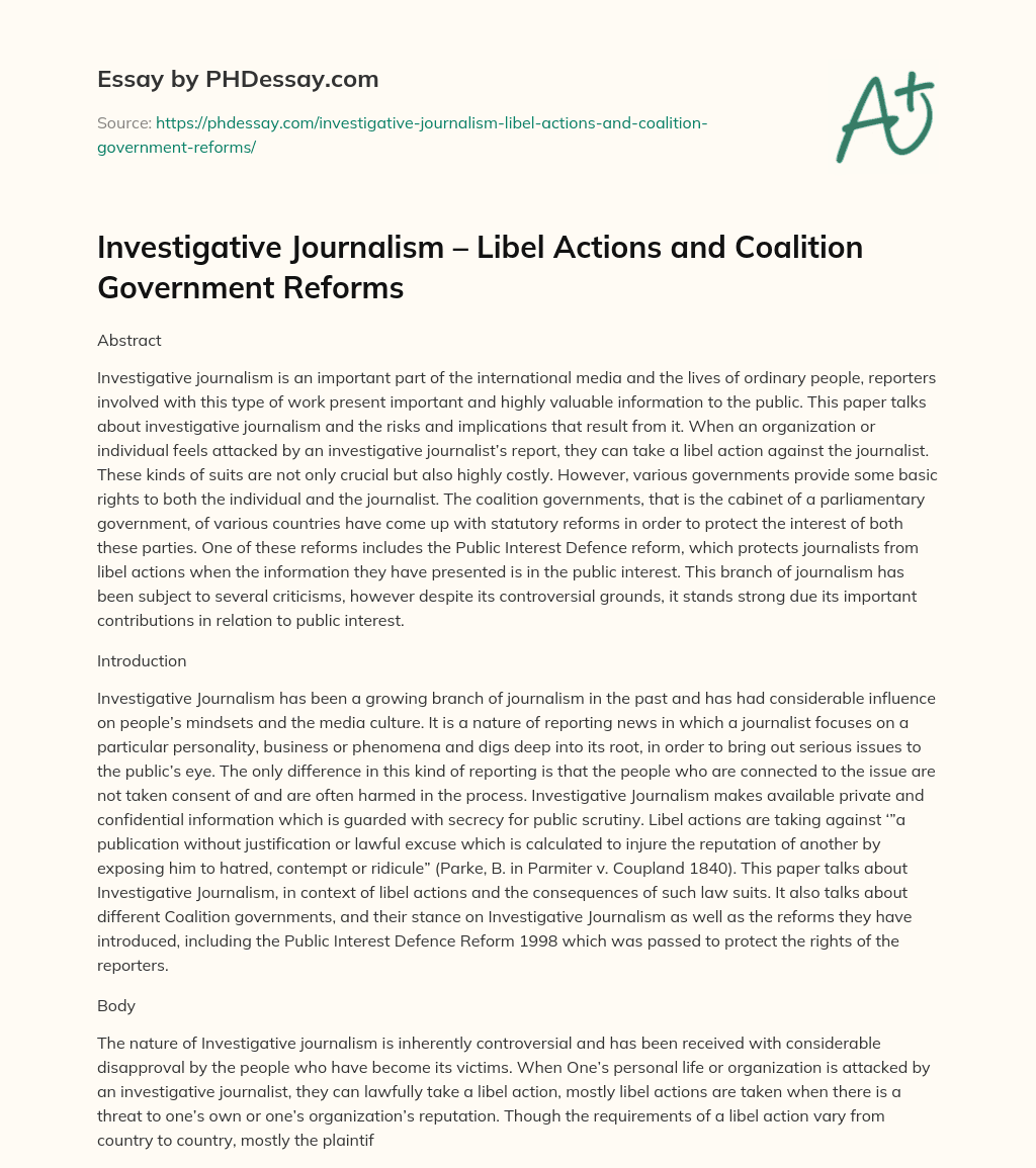 Investigative Journalism – Libel Actions and Coalition Government Reforms essay