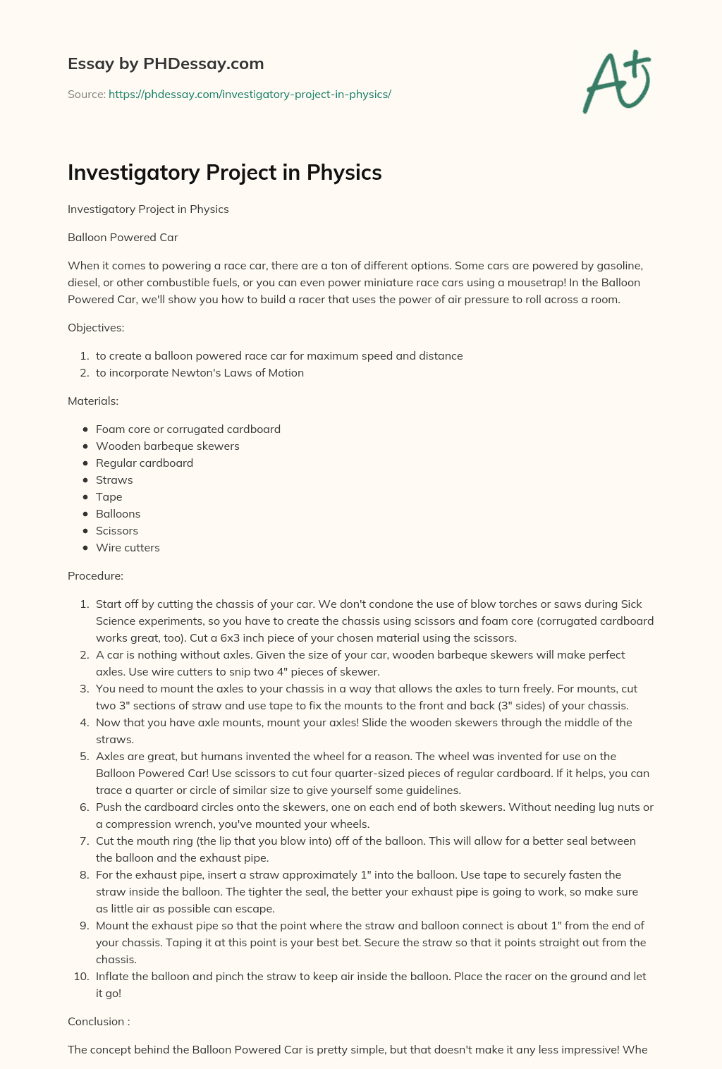 Investigatory Project in Physics essay