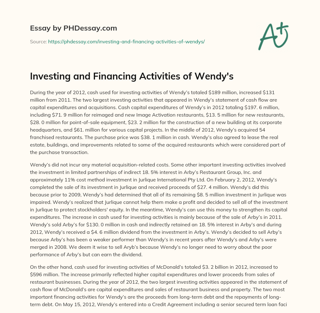 Investing and Financing Activities of Wendy’s essay