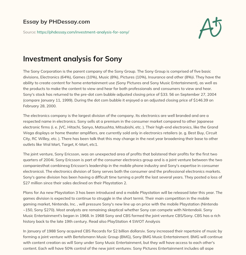 Investment analysis for Sony essay