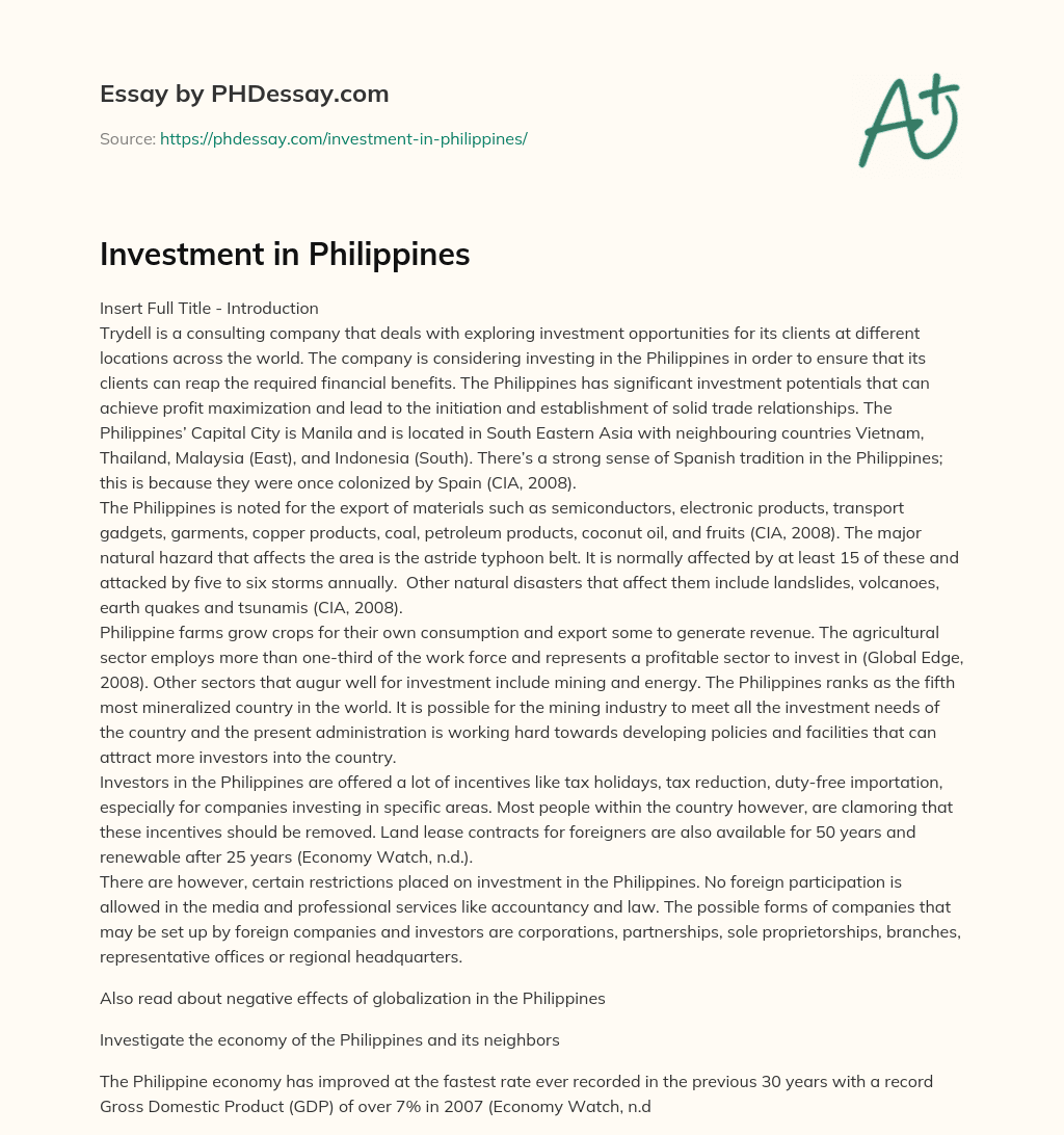 Investment in Philippines essay