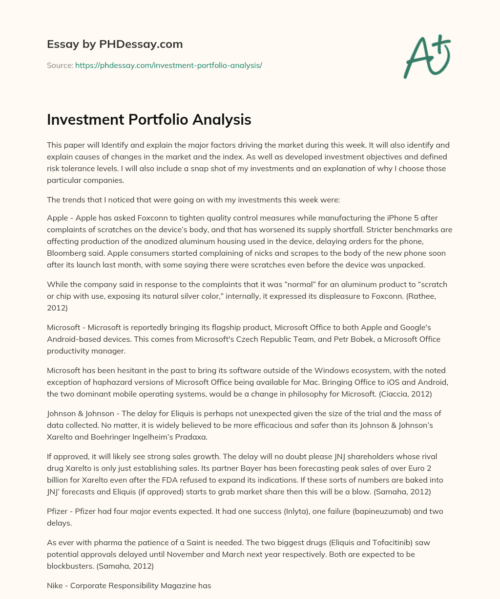 Investment Portfolio Analysis PHDessay com Investment Portfolio Analysis PHDessay com