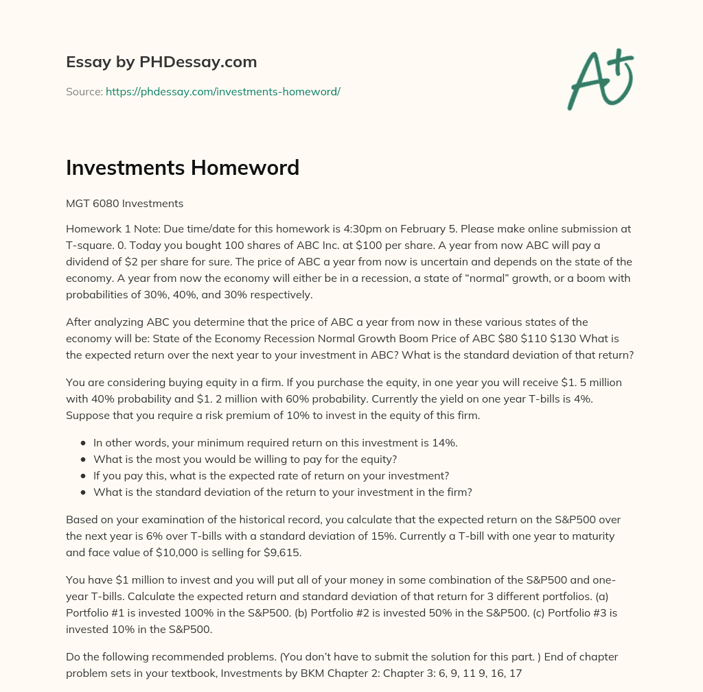 Investments Homeword essay