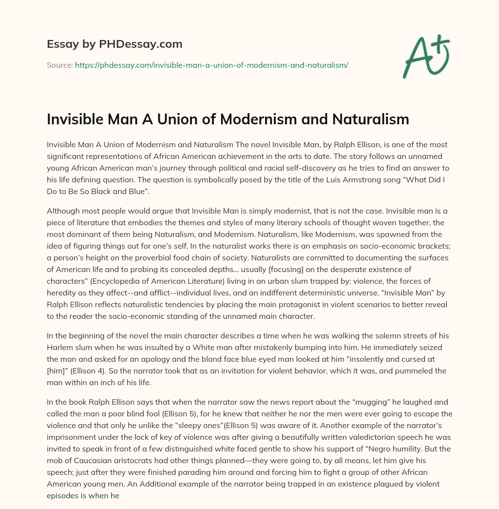 Invisible Man A Union of Modernism and Naturalism essay