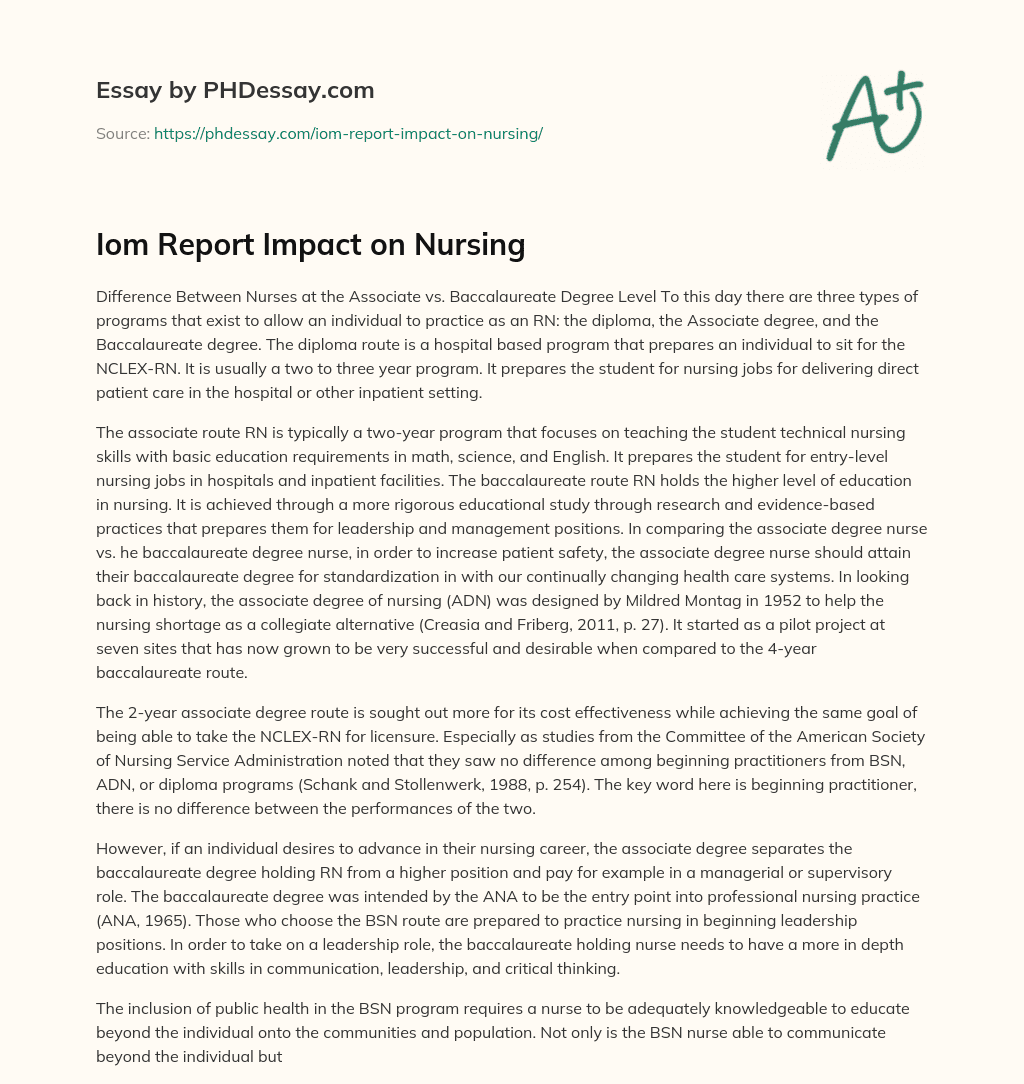 Iom Report Impact on Nursing essay