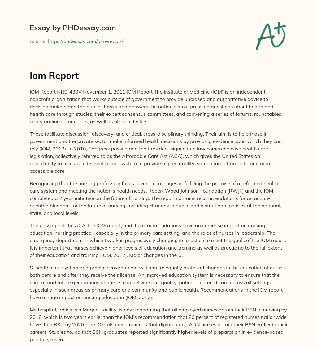 IOM Report on the Nursing Profession and Healthcare Reform essay