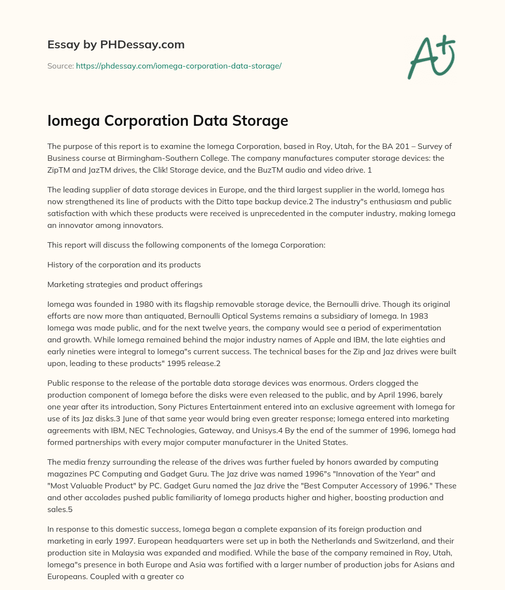 Iomega Corporation Data Storage essay