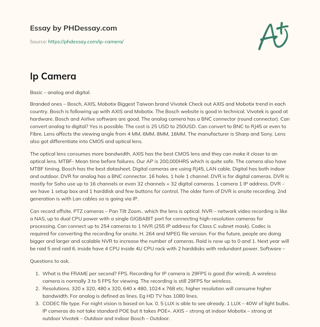 Comparison of Branded Security Cameras and Equipment: Features and Technical Details essay
