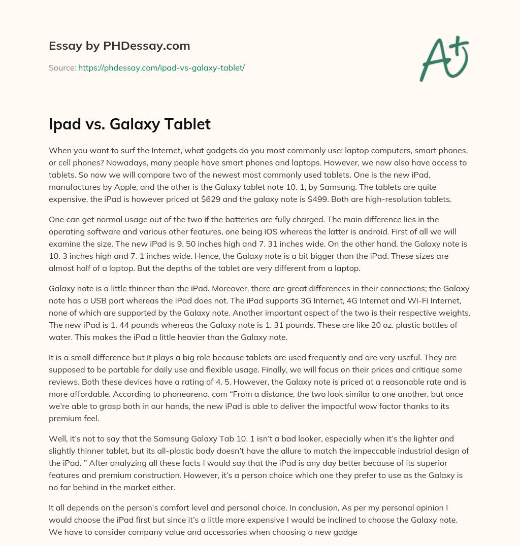 Ipad vs. Galaxy Tablet essay