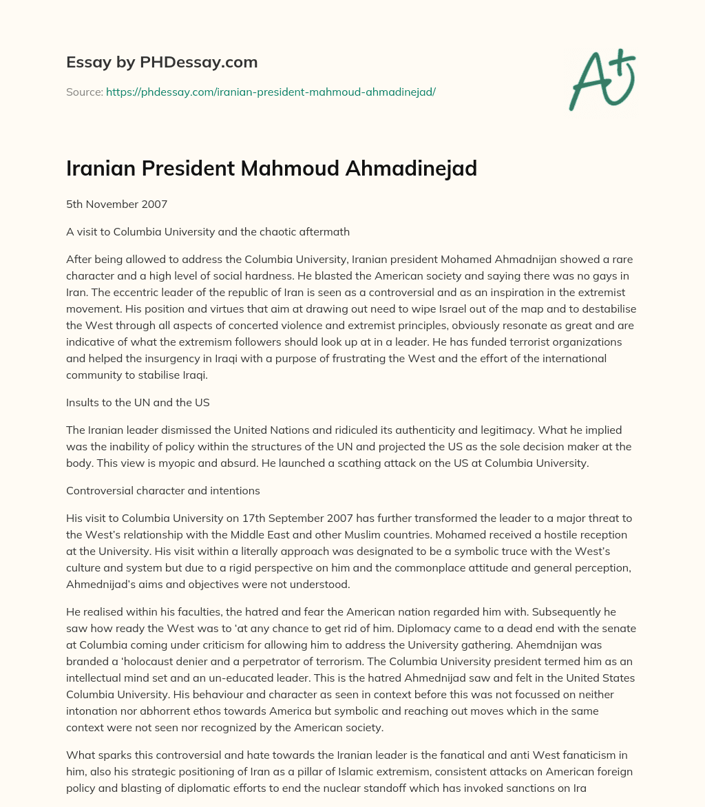 Iranian President Mahmoud Ahmadinejad essay