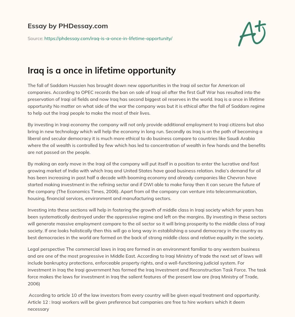 Iraq is a once in lifetime opportunity essay