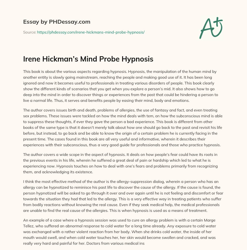 Irene Hickman’s Mind Probe Hypnosis essay