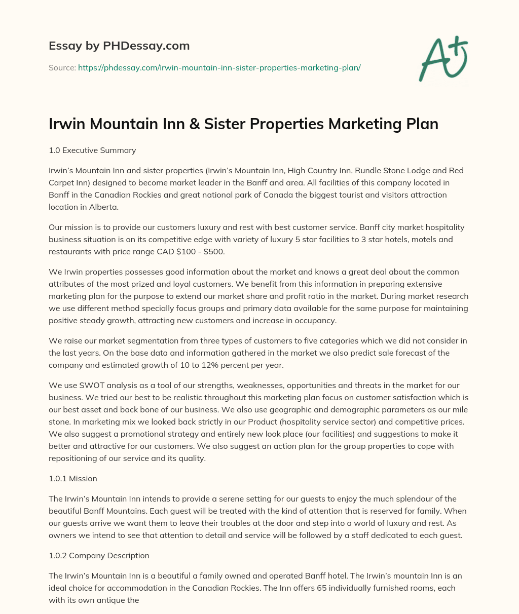 Irwin Mountain Inn & Sister Properties Marketing Plan essay