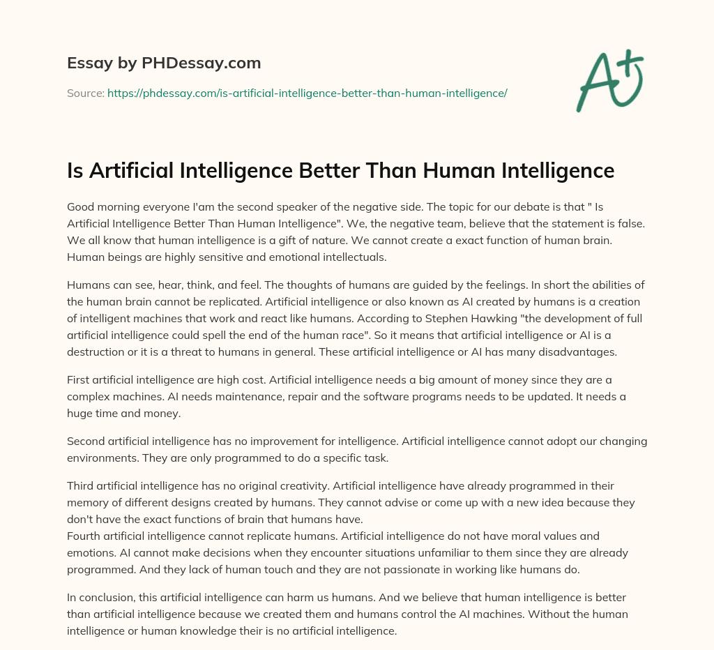 Is Artificial Intelligence Better Than Human Intelligence essay