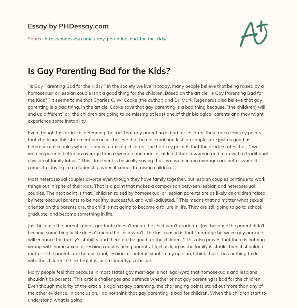 Is Gay Parenting Bad for the Kids? essay