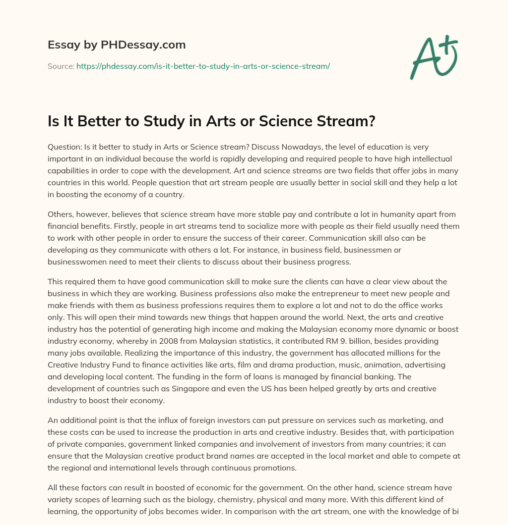 Is It Better to Study in Arts or Science Stream? essay