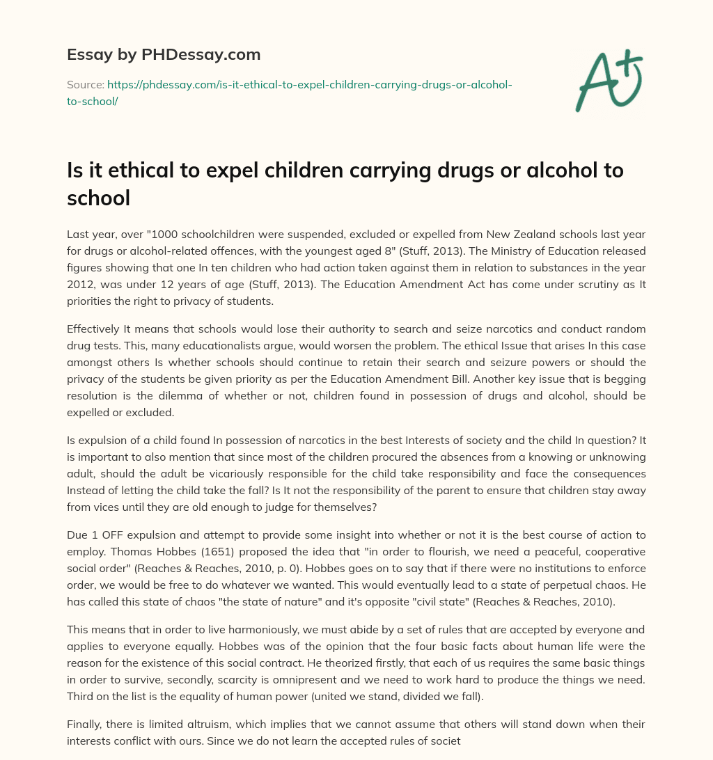 Is it ethical to expel children carrying drugs or alcohol to school essay