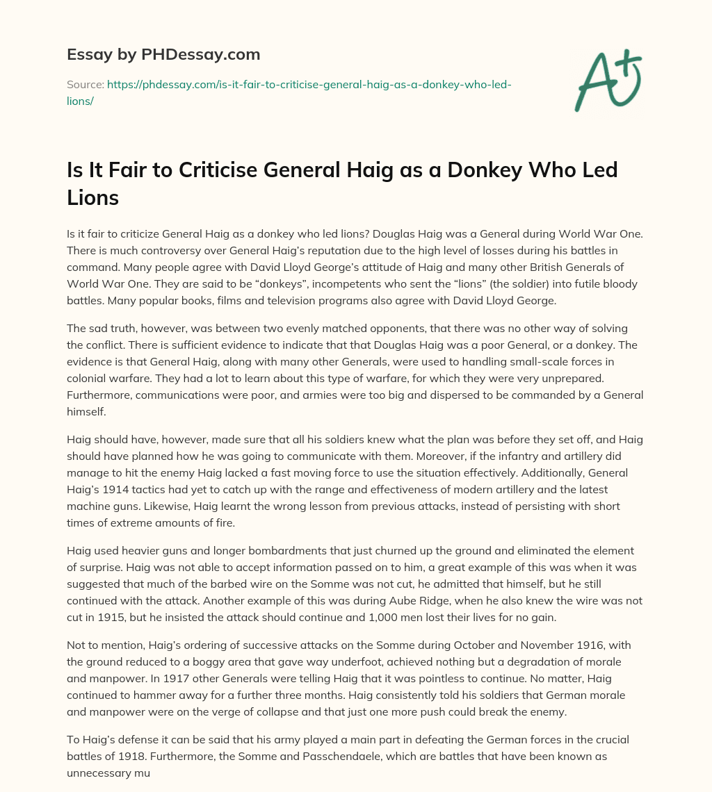 Is It Fair to Criticise General Haig as a Donkey Who Led Lions essay