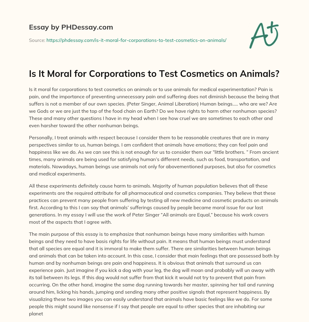 Is It Moral for Corporations to Test Cosmetics on Animals? essay