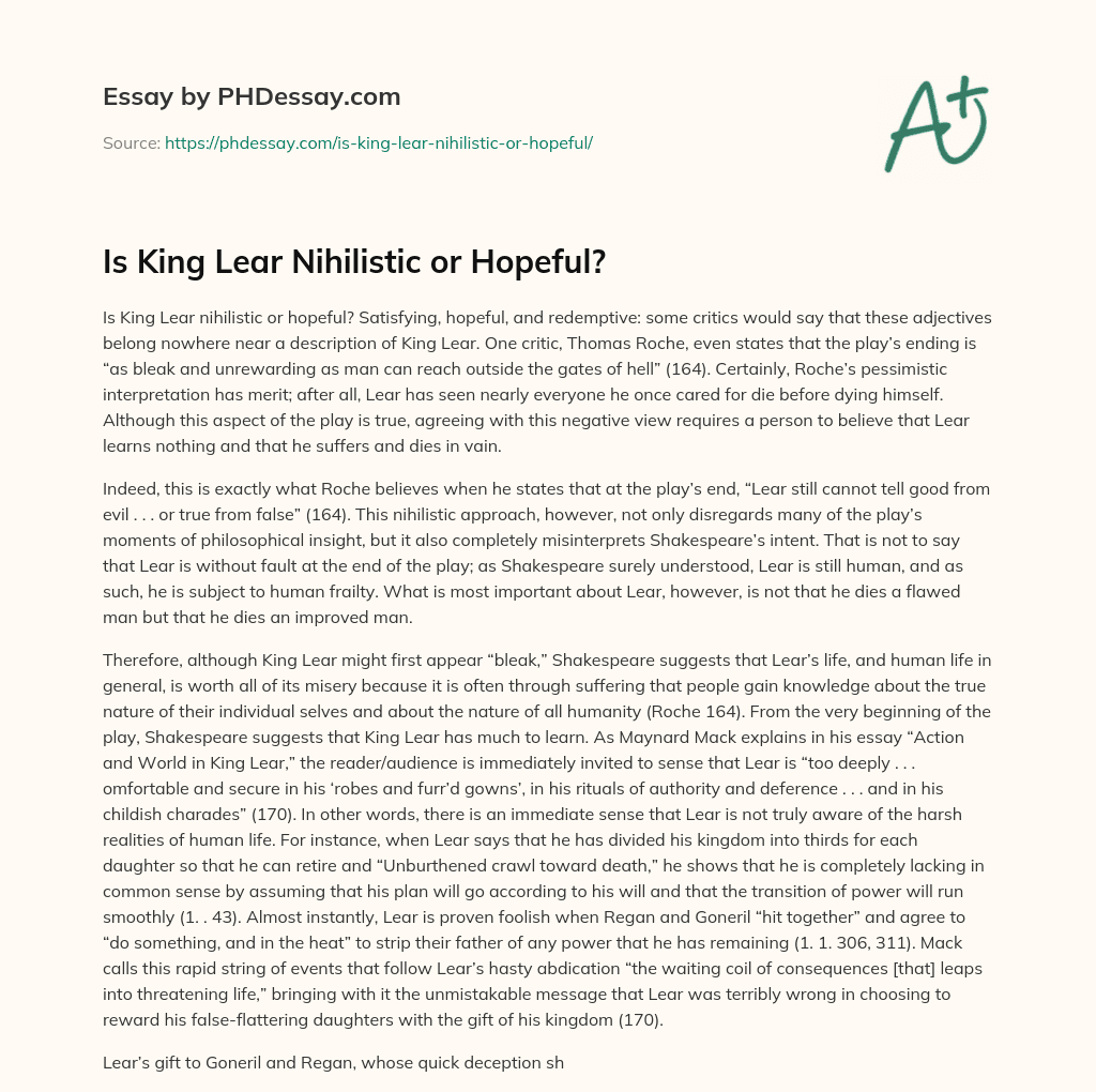 Is King Lear Nihilistic or Hopeful? essay