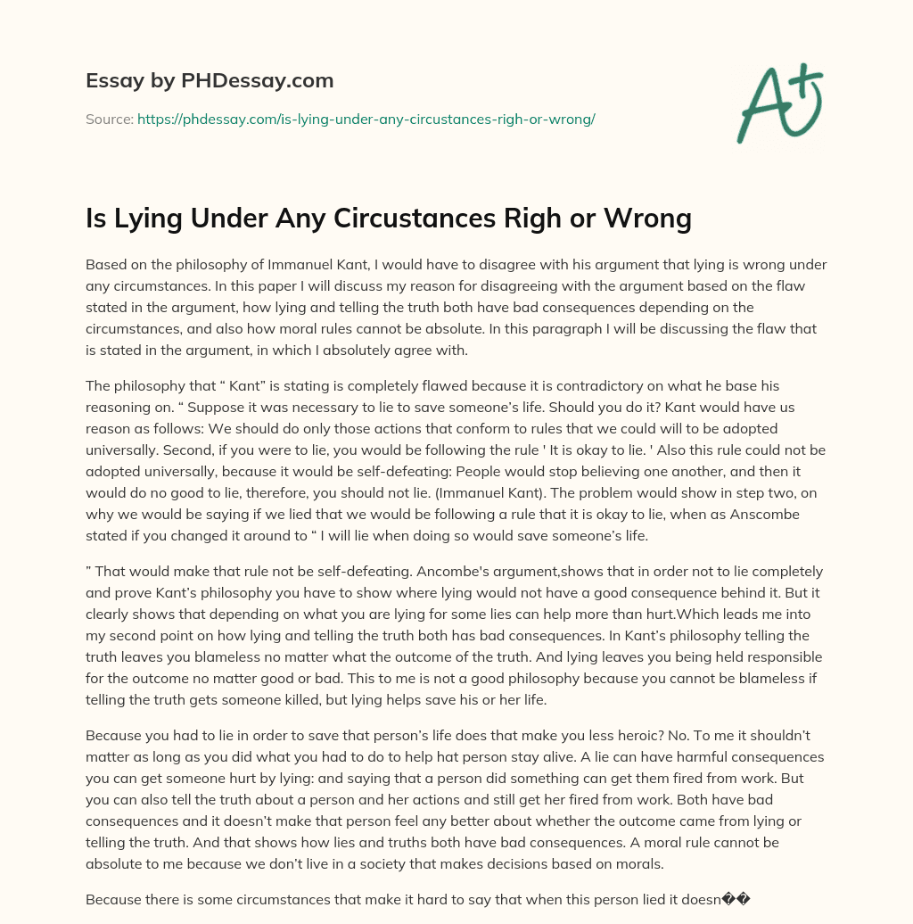 Is Lying Under Any Circustances Righ or Wrong essay