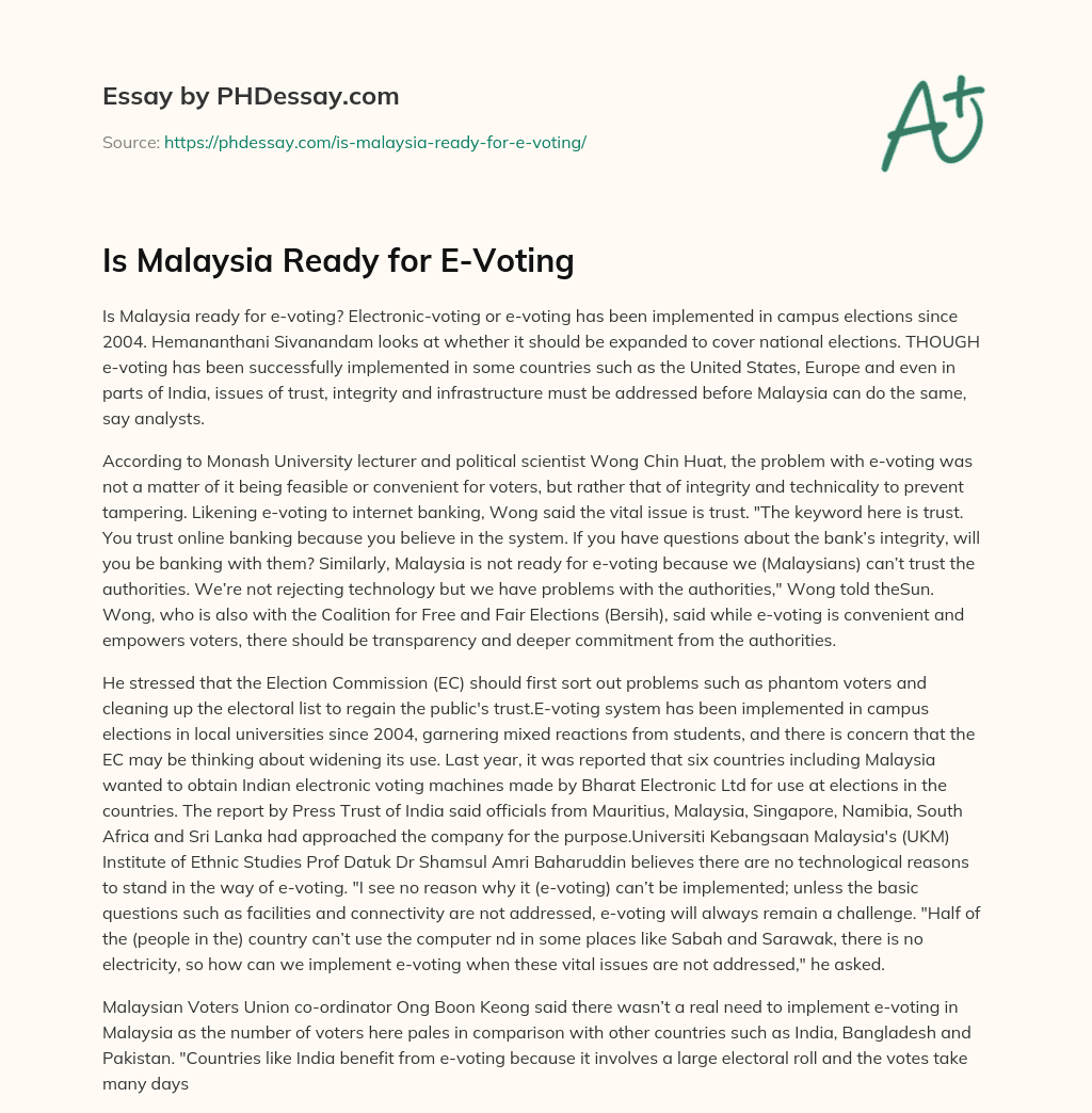 Is Malaysia Ready for E-Voting essay