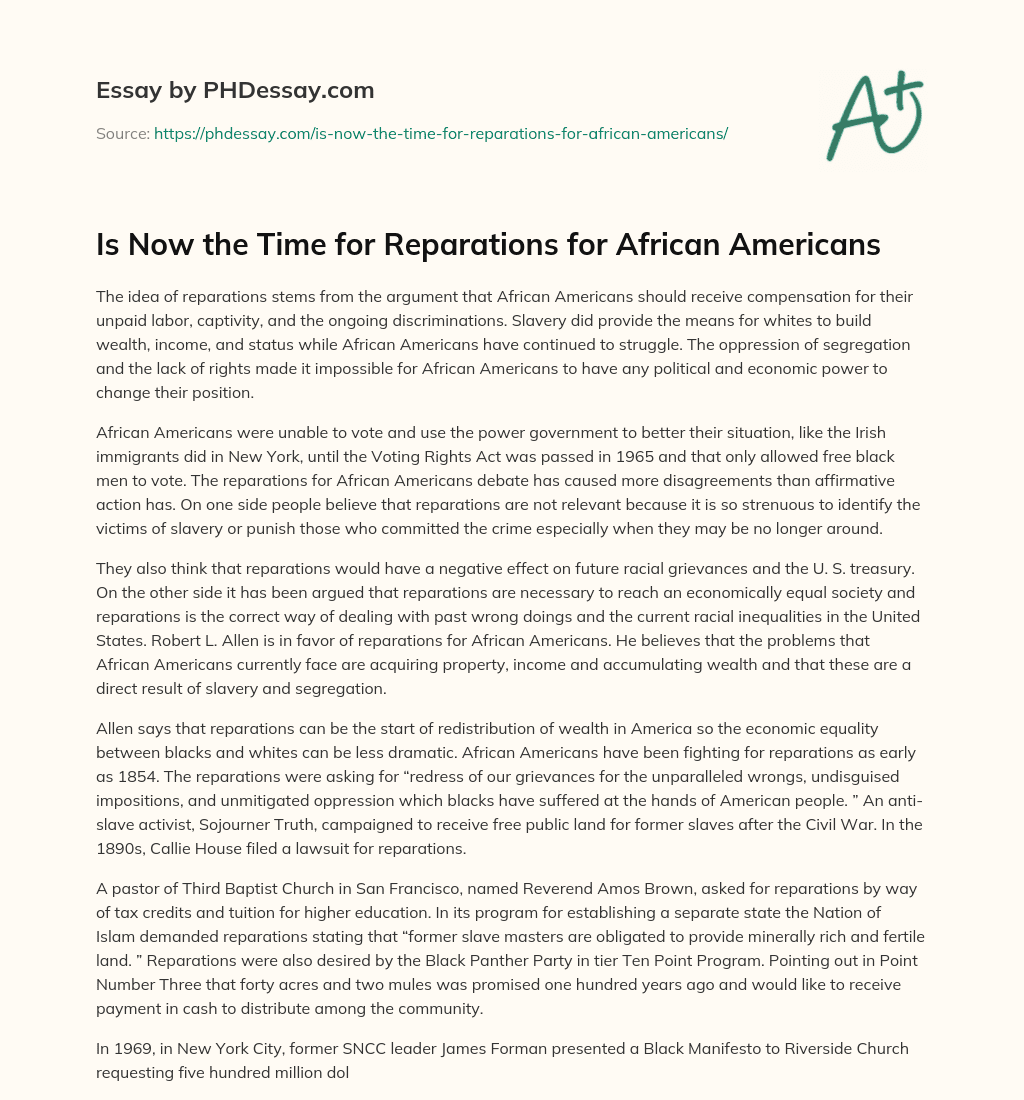 Is Now the Time for Reparations for African Americans essay