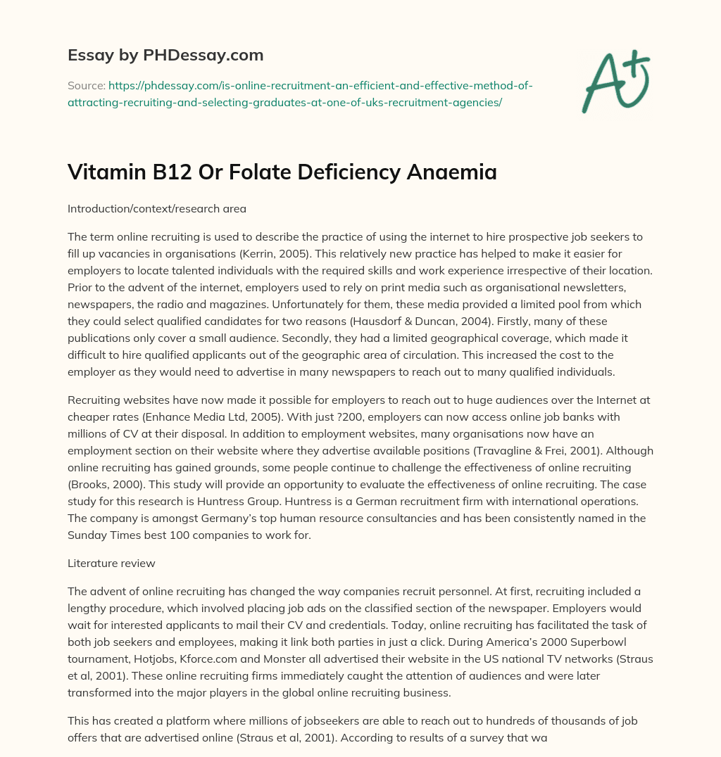 Vitamin B12 Or Folate Deficiency Anaemia essay