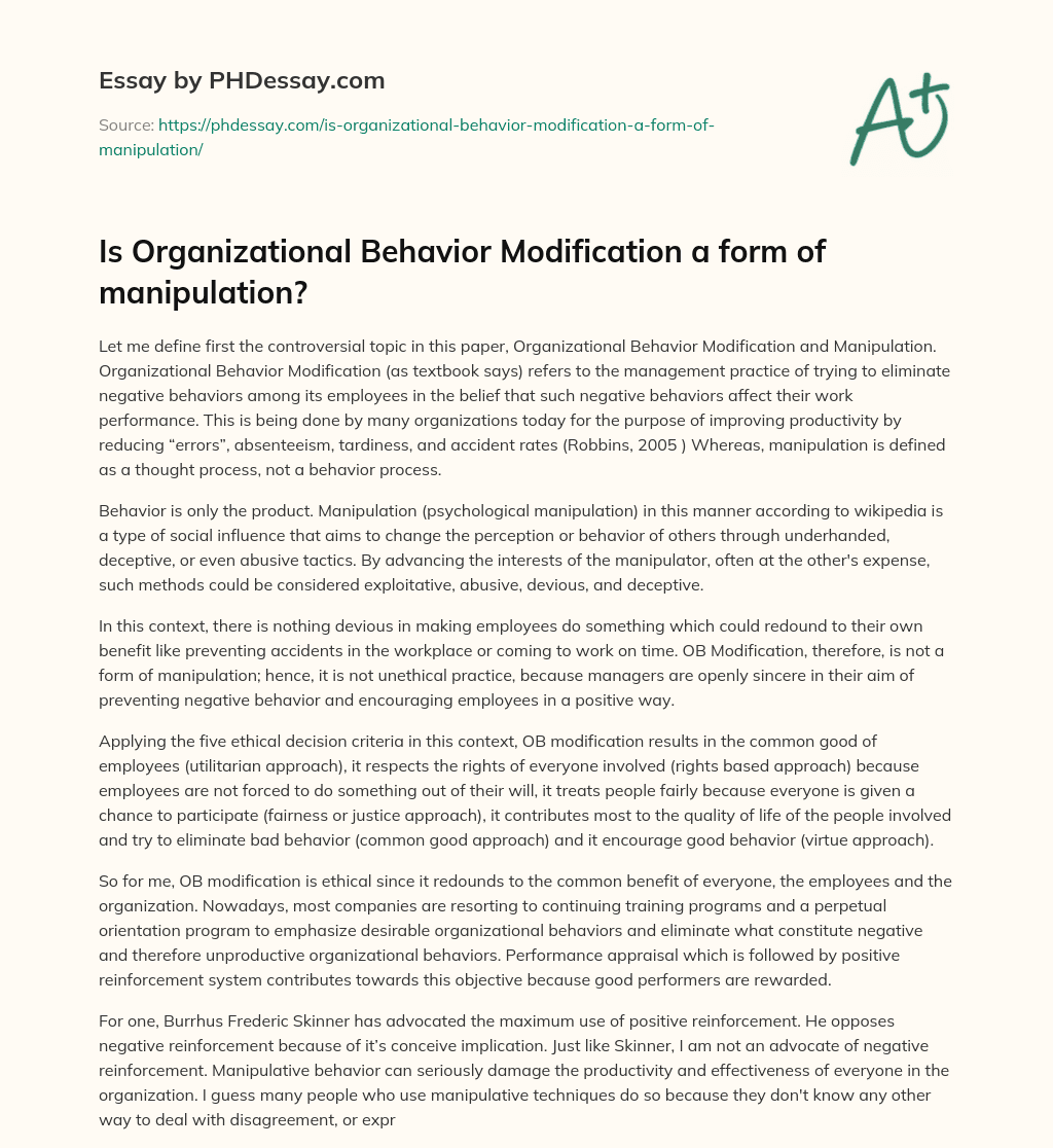 Is Organizational Behavior Modification a form of manipulation? essay