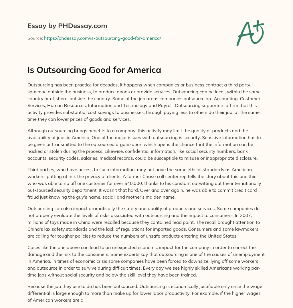 Is Outsourcing Good for America essay
