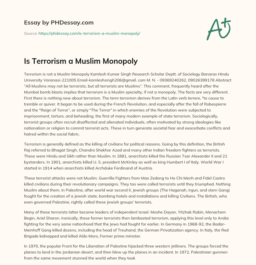 Is Terrorism a Muslim Monopoly essay