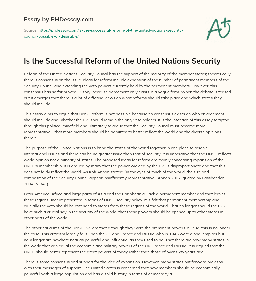 Is the Successful Reform of the United Nations Security essay