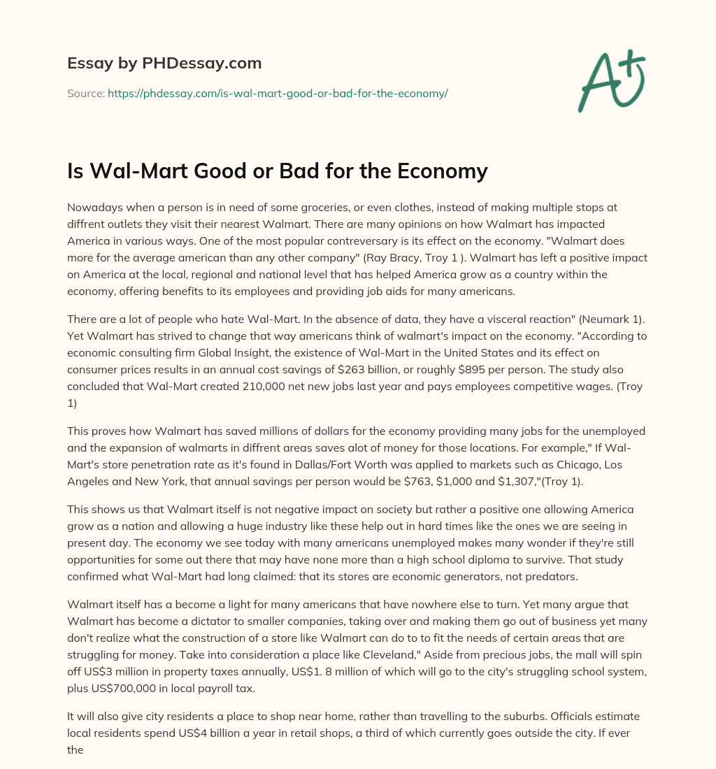 Is Wal-Mart Good or Bad for the Economy essay