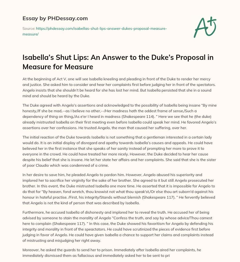 Isabella’s Shut Lips: An Answer to the Duke’s Proposal in Measure for Measure essay