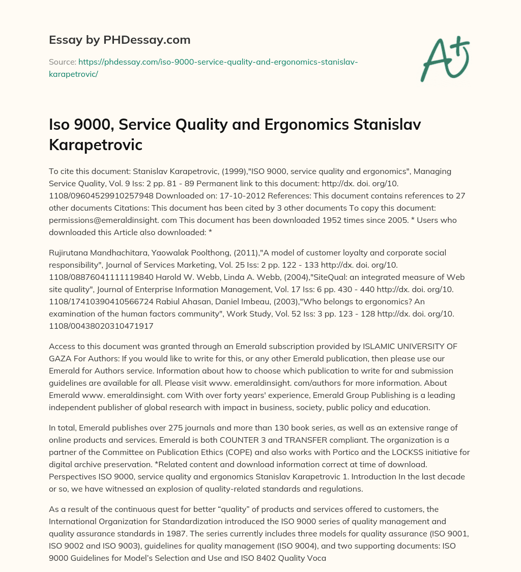 Iso 9000, Service Quality and Ergonomics Stanislav Karapetrovic essay