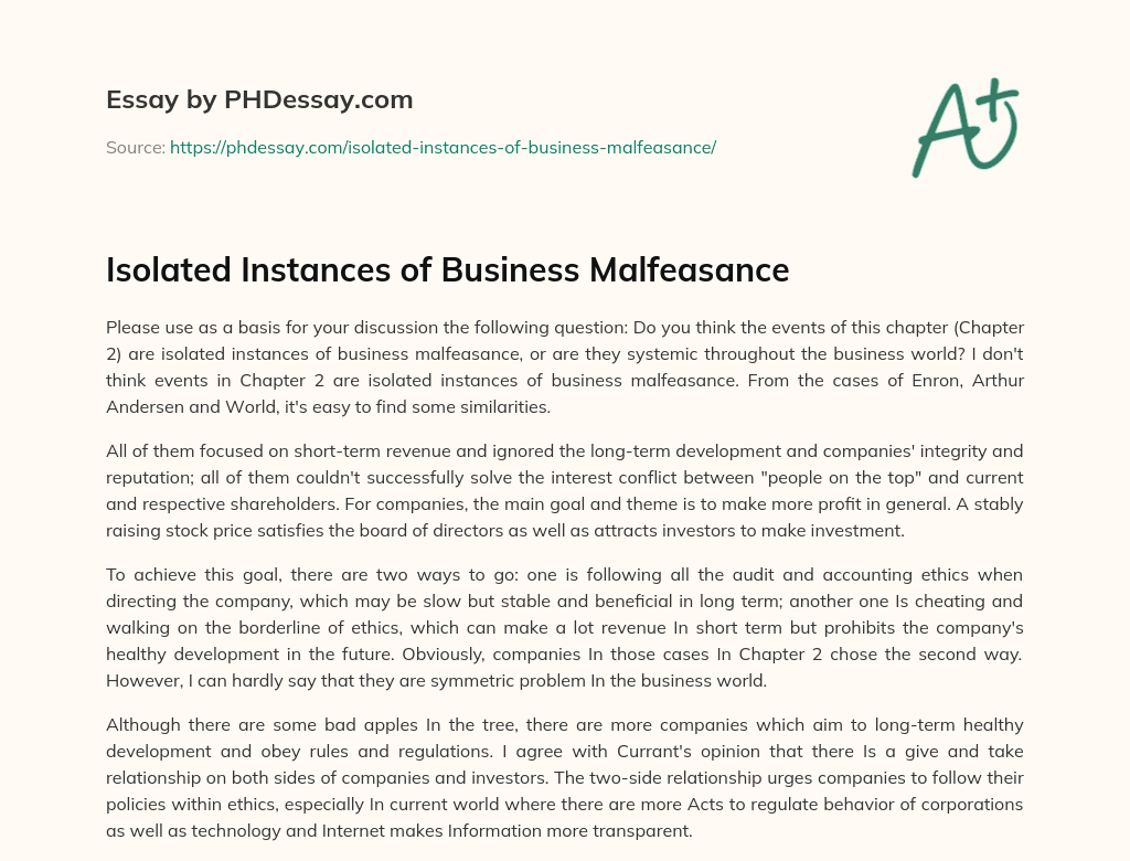 Isolated Instances of Business Malfeasance essay