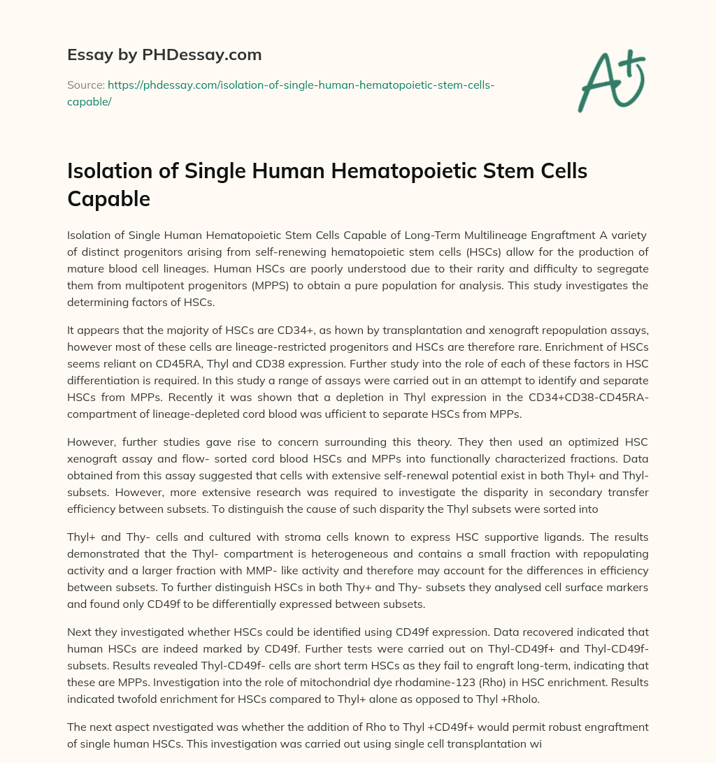 Isolation of Single Human Hematopoietic Stem Cells Capable essay
