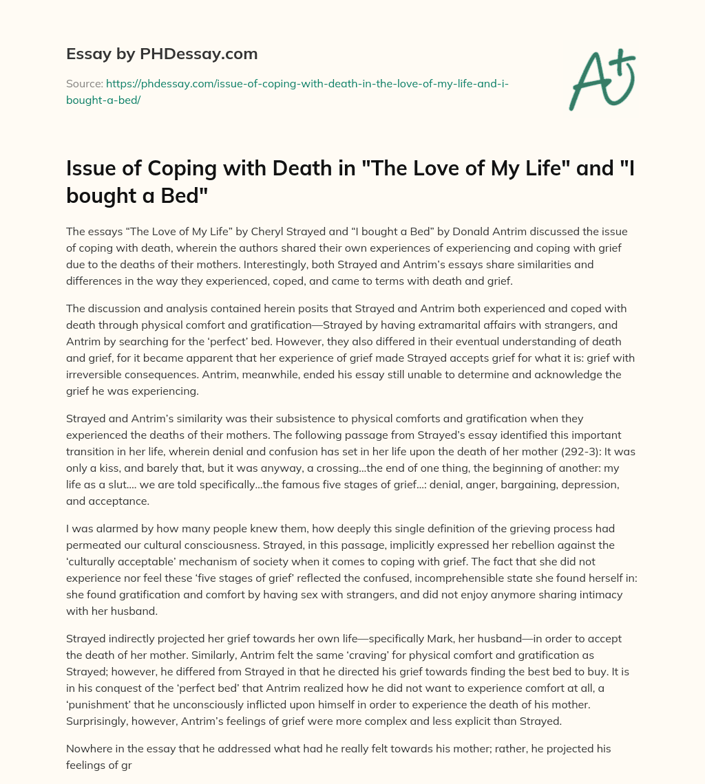 Issue of Coping with Death in “The Love of My Life” and “I bought a Bed” essay